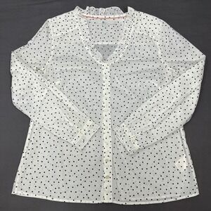 Boden Womens Polka Dot Ruffle V-Neck Cotton Blouse White Navy US 10 Button Up